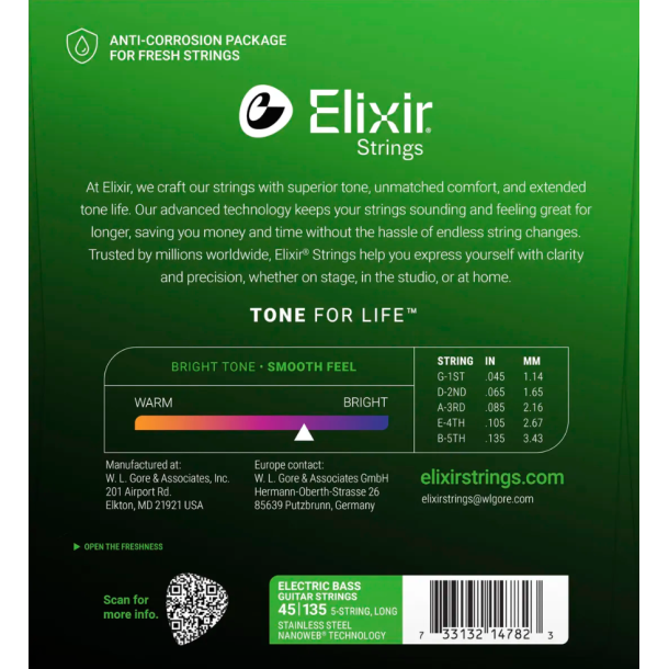 Elixir Nanoweb Electric Bass Stainless Steel Light/Medium 14782 45-135